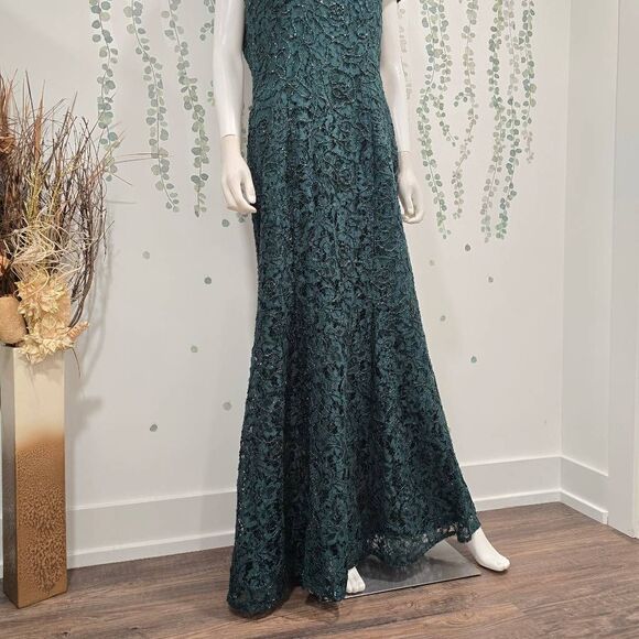 Alex Evenings Green Lace Beaded V-Neck Gown Size 14 | Elegant Formal Maxi Dress - Picture 5 of 12